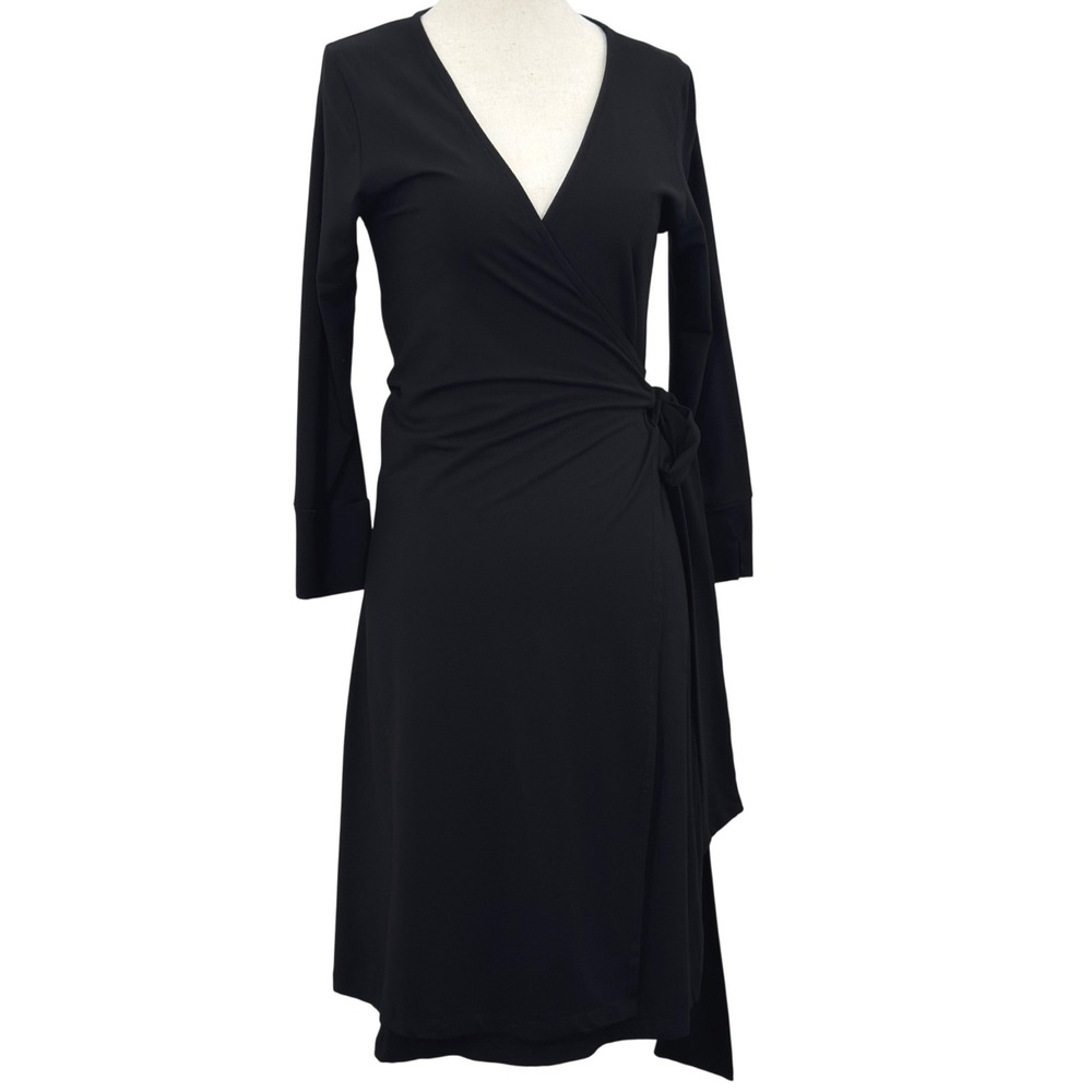 Womens Organic Cotton Black Wrap Dress SM Long Sleeve Midi Career Capsule LBD